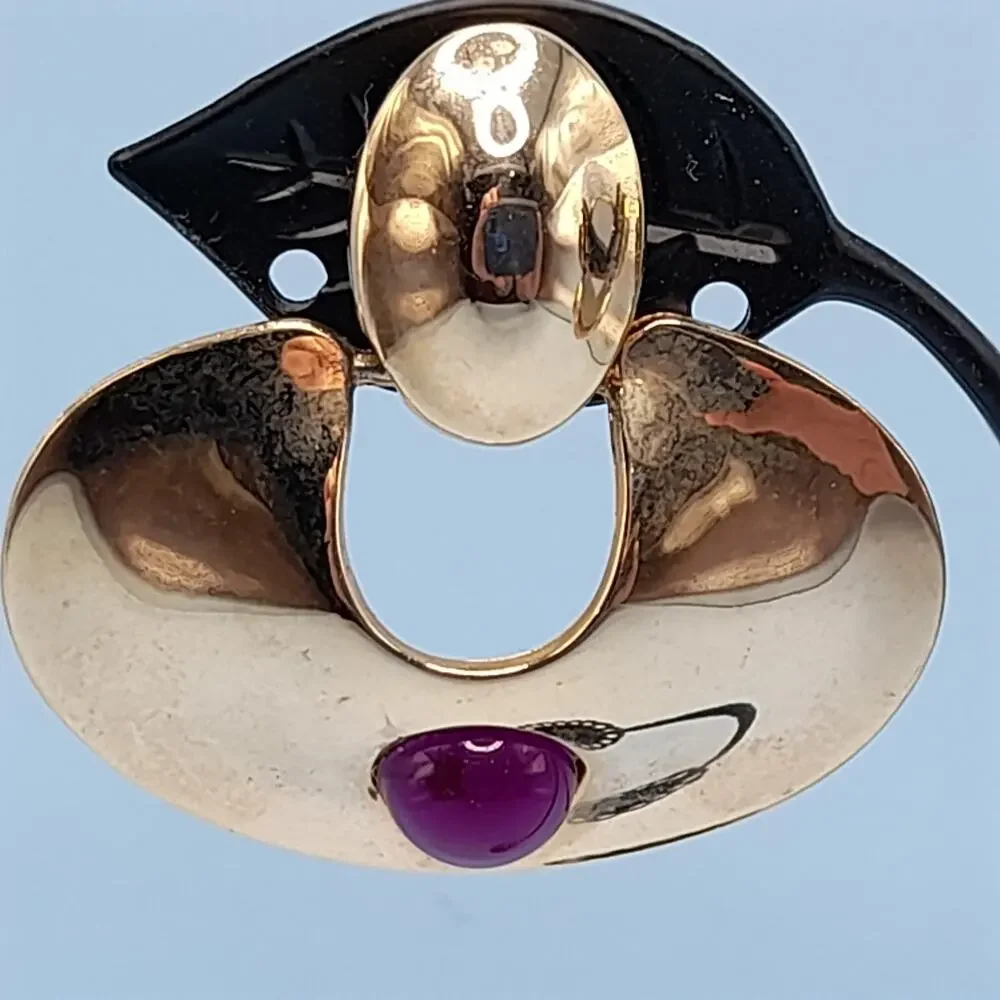 Vintage Chunky Dangle Clip Earrings, Purple Cabochons, Gold Tone, 1980s
